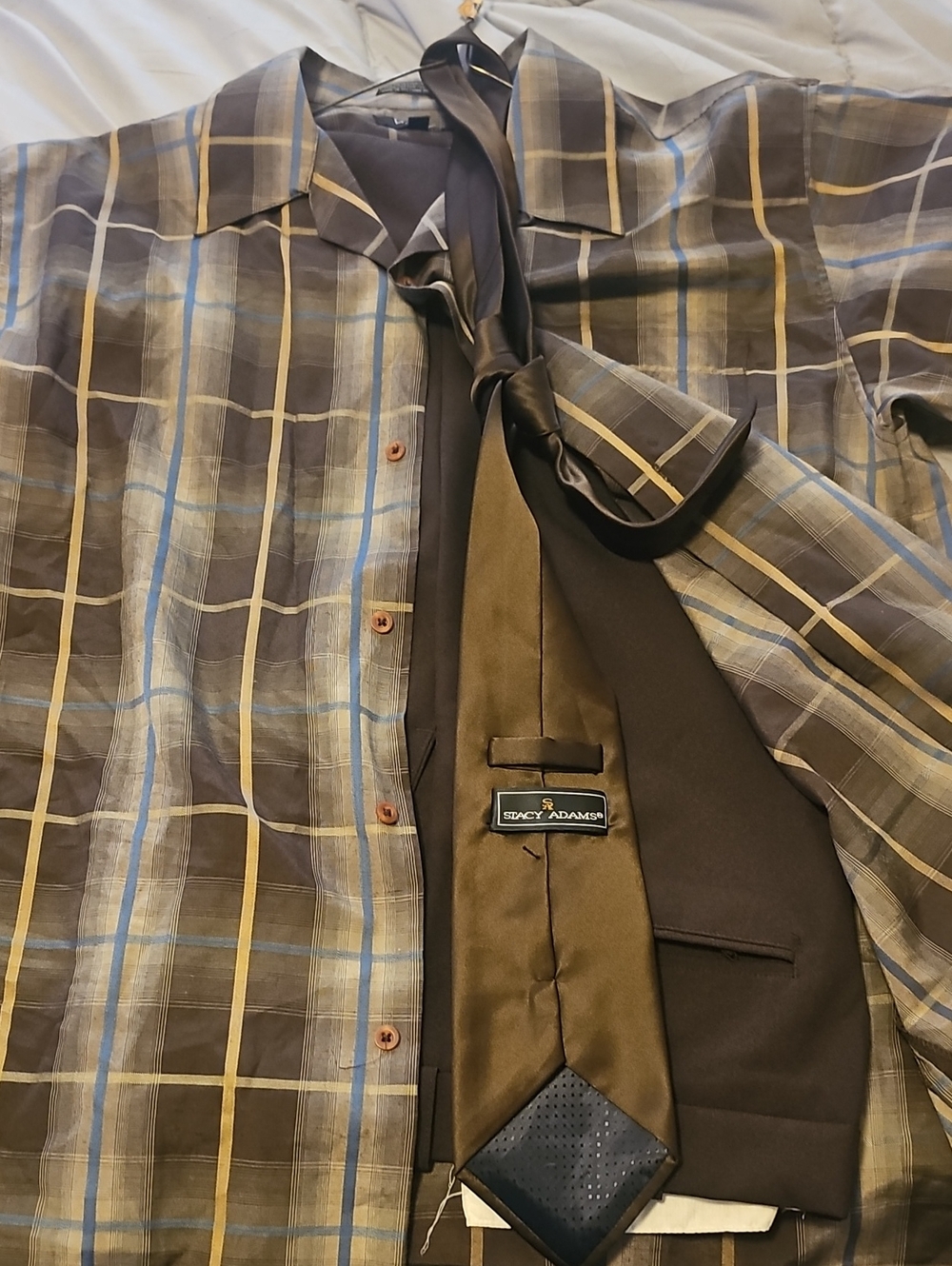 Stacy Adams Olive, Blue & Tan Plaid Button-Up with Matching Olive Tie